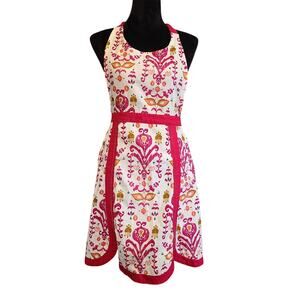 Anthropologie Purcella Tie Apron Abstract Floral Pink Orange Teal Artsy Cottage